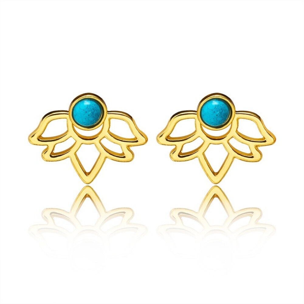 Gold Tone Lotus Flower Ear Jacket Pierced Stud Earrings Turquoise Blue Color